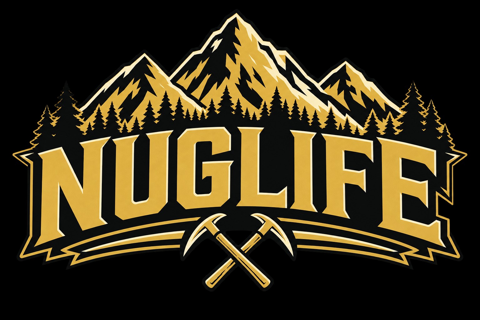 NugLife mountain and crossed pickaxes logo